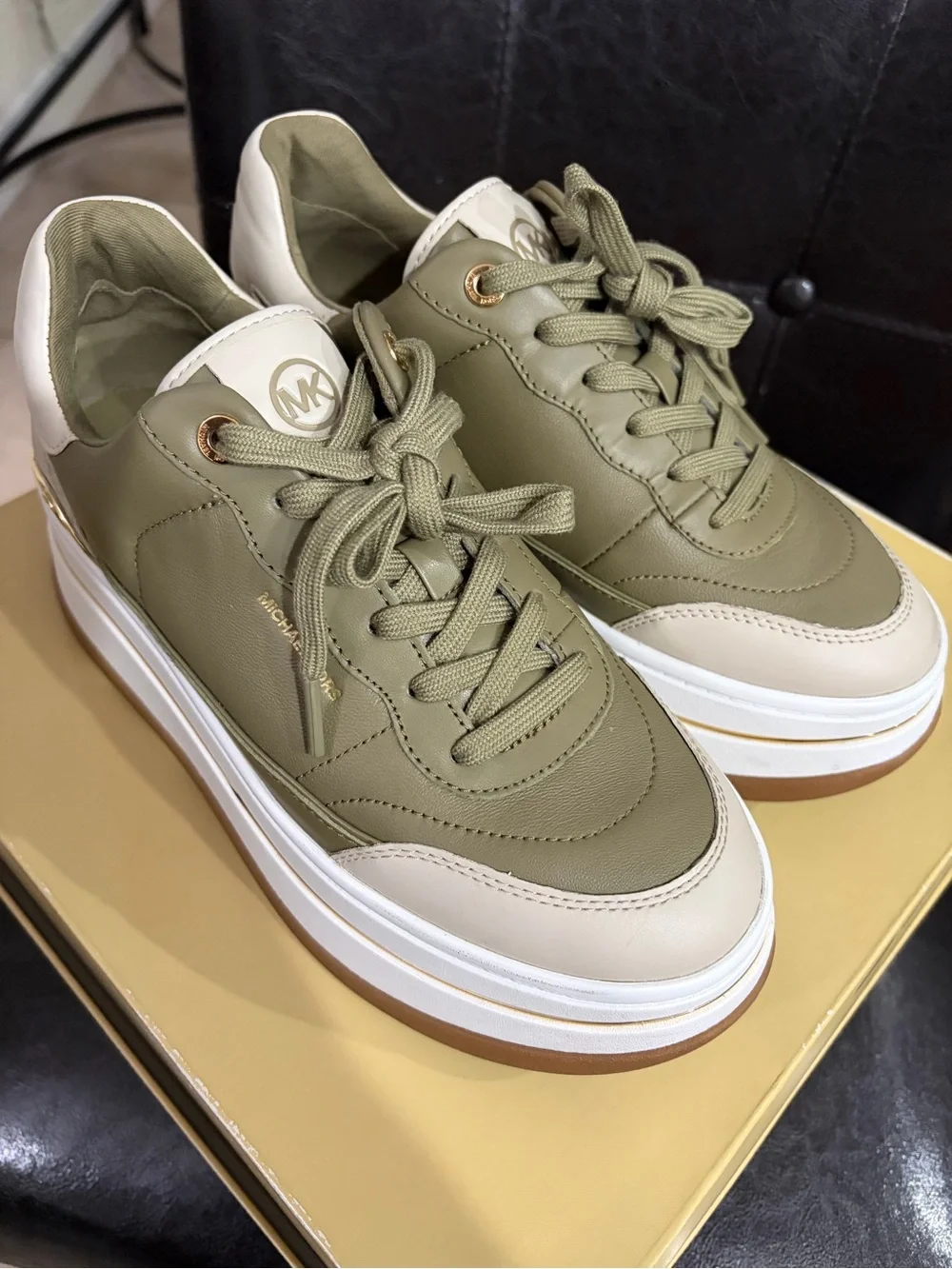 MICHAEL Michael Kors Hayes Lace Up Leather Platform Sneakers Green Beige White